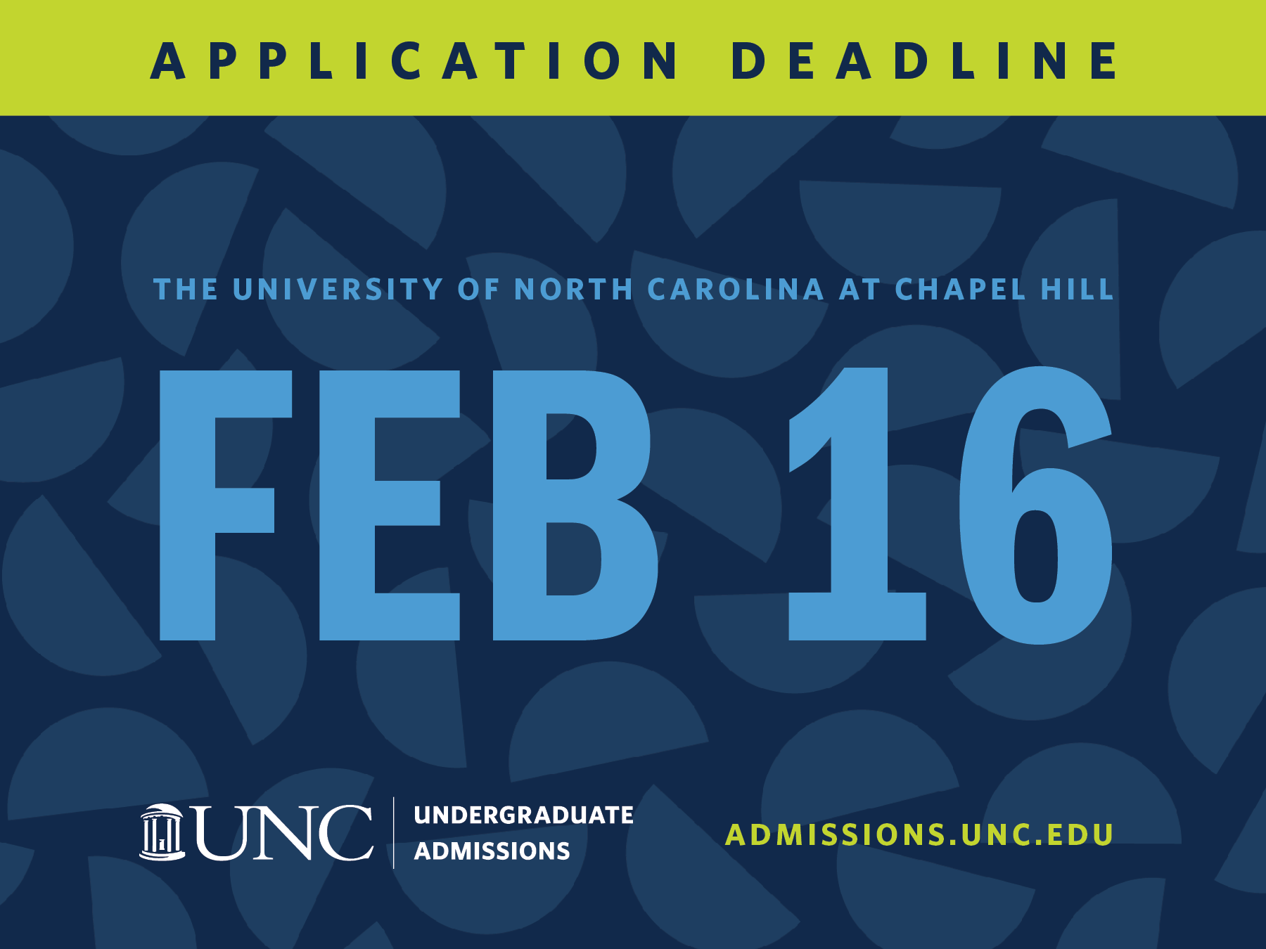 Graphic showing proper usage of a pattern. It shows a pattern of semi transparent semi circles on a navy blue background with Caroline Blue text that says "Feb 16" on top of it and a green bar at the top that has navy blue text that says "application deadline."