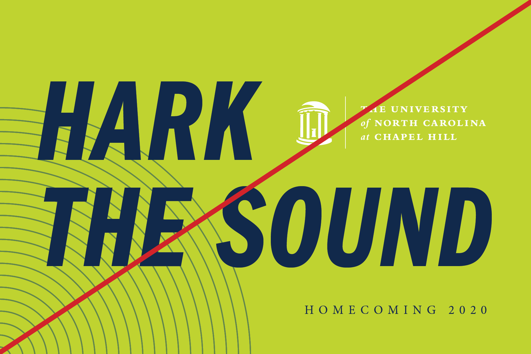 Postcard design that shows improper use of Carolina Blue. It shows the text "Hark the Sound" with the UNC log on a green background, without any Carolina Blue.