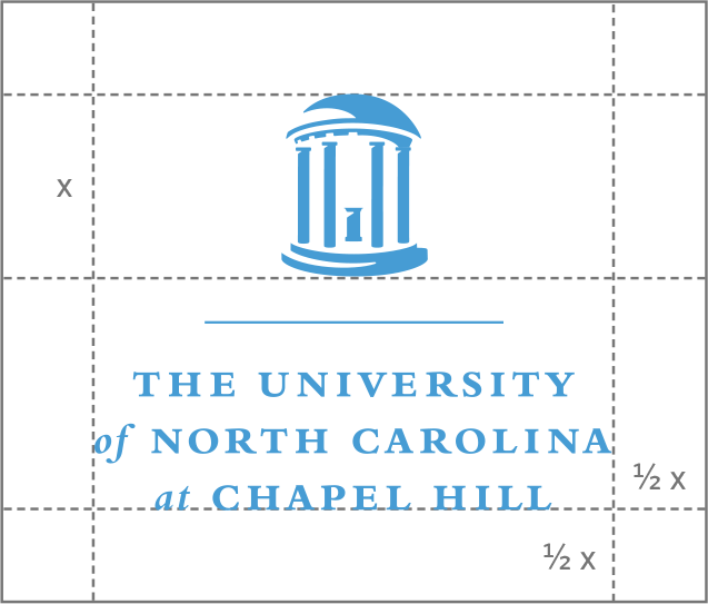 Vertical Carolina Blue version of the UNC logo showing the proper amount of clear space that should surround it.
