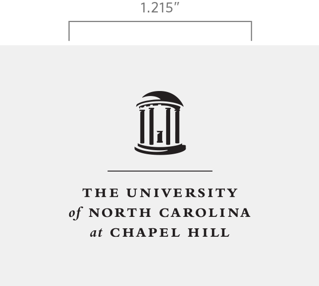 Vertical black version of the UNC logo on a gray background showing the minimum size measurement that it can be.