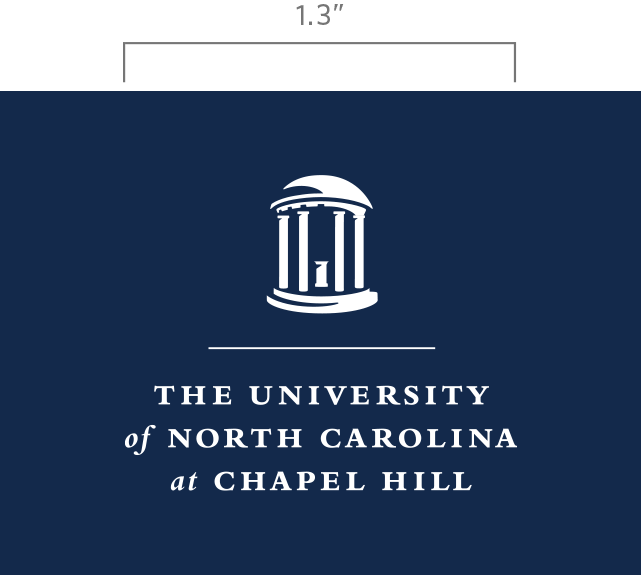 Vertical white version of the UNC logo on a navy blue background showing the minimum size measurement that it can be.