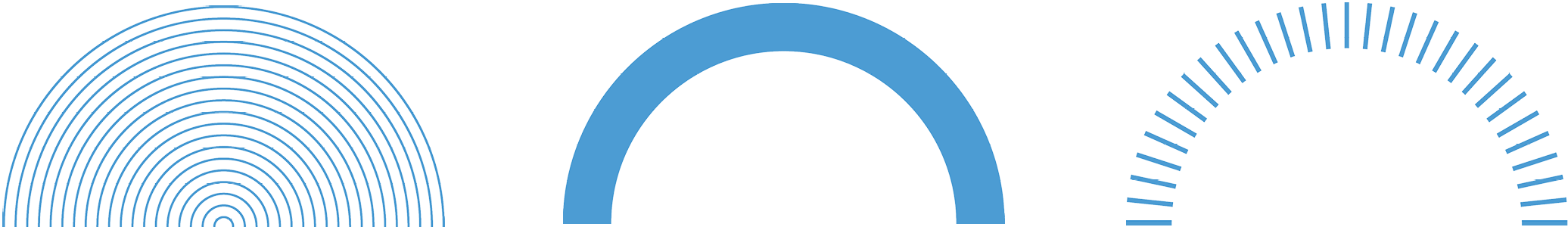 Three shapes. The first is a semicircle made up of concentric thin Carolina Blue lines. The second is an arc in a thick Carolina Blue line. The third is an arc comprised of thin small lines.