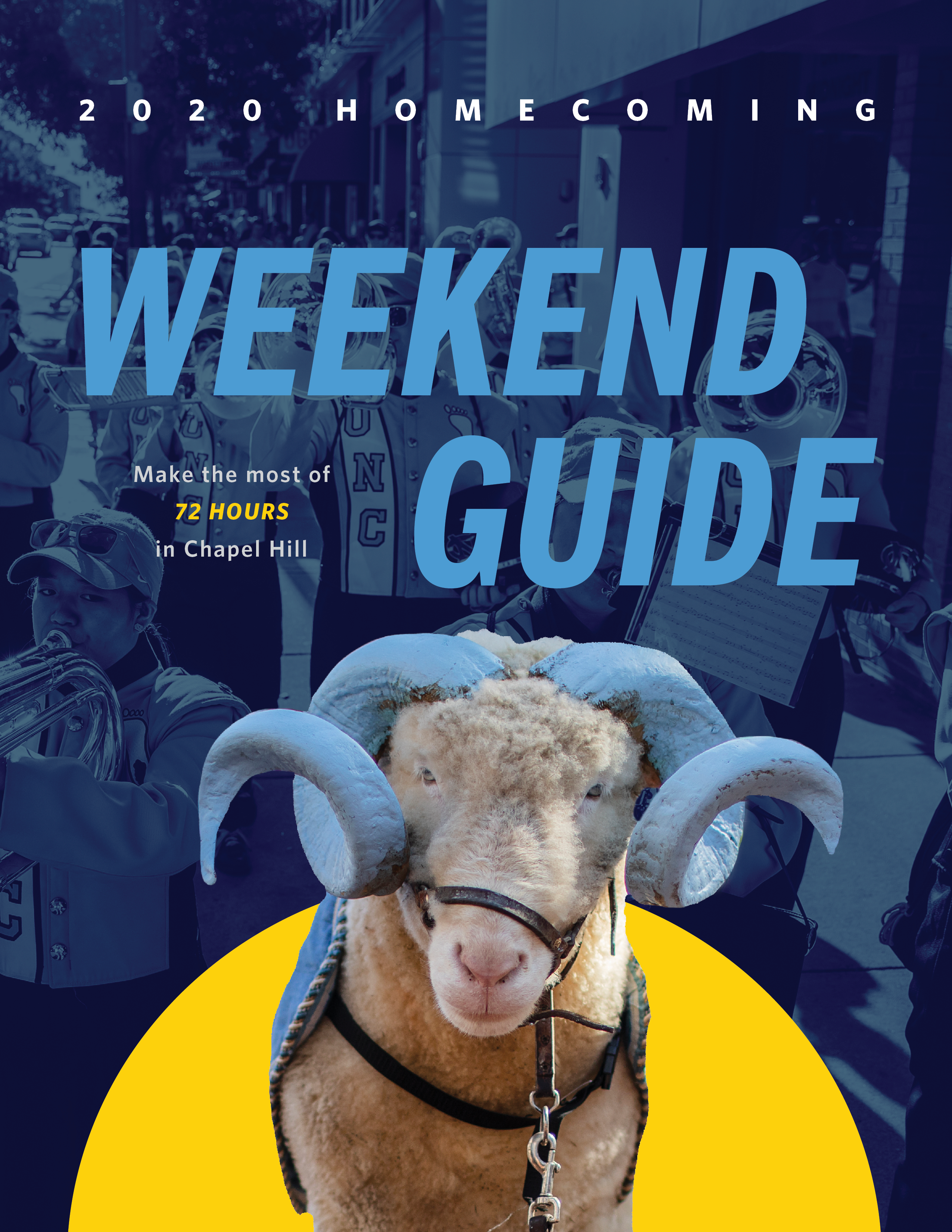 Brochure cover that is an example of background photo treatment proper usage. It shows a background photo of UNC's marching band with a navy blue overlay. In front if it is a photo of the mascot Rameses with the text "Weekend Guide."