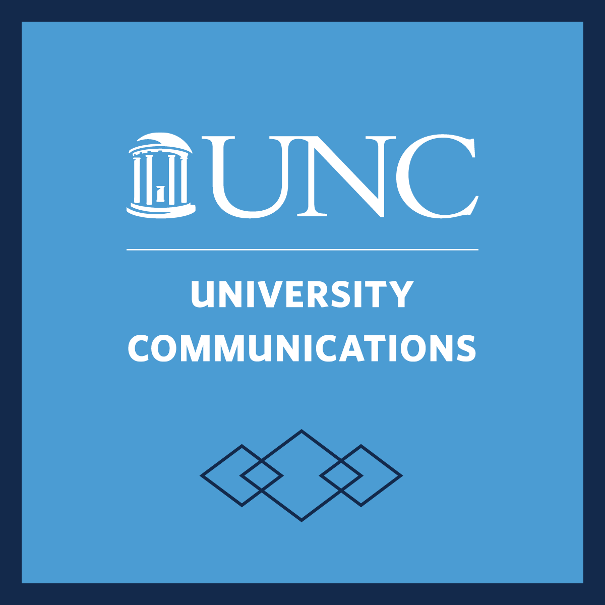 Carolina Blue square with navy blue outline that has a white University Communications logo and navy overlapping diamonds shape inside of it.