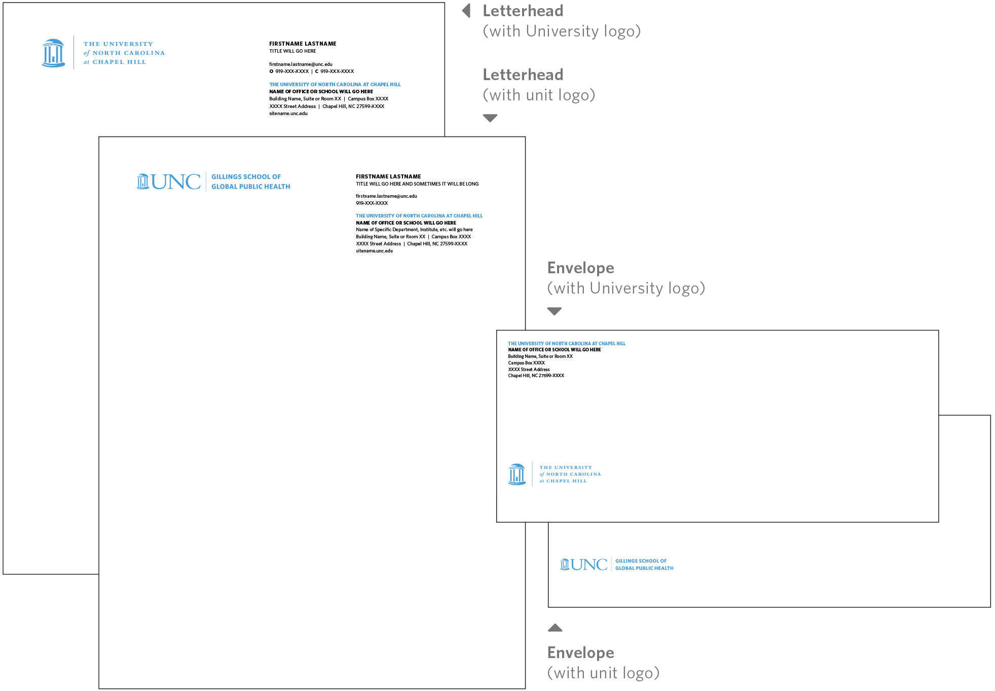Mockups of the official University templates for printed letterhead and envelopes
