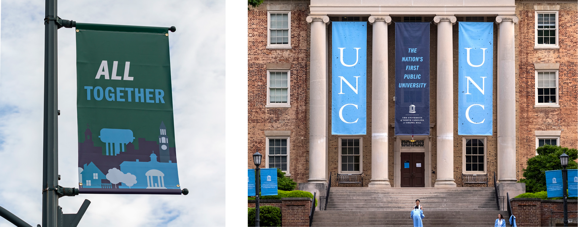 Examples of designs that show UNC brand elements. It includes a light pole banner and three building banners..
