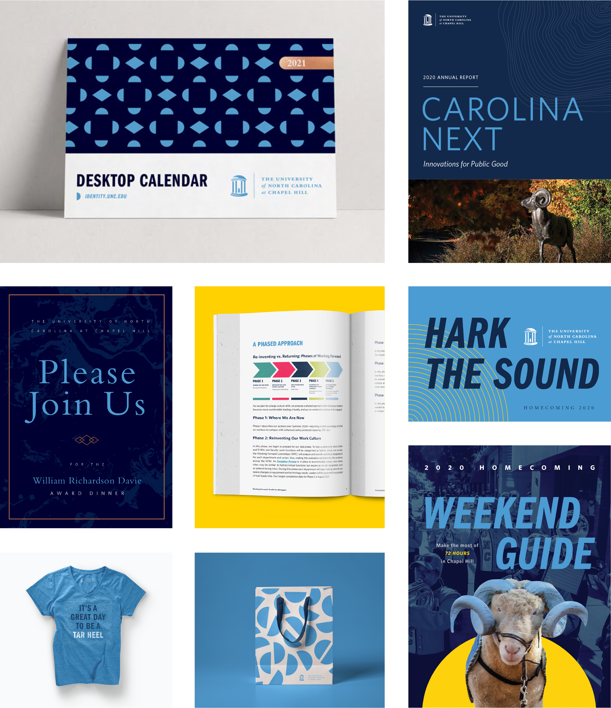 Mockups of designs that show UNC'x brand elements in use. This includes a desk calendar, annual report cover, postcard, brochure cover, shopping bag, tshirt, annual report interior page and invitation.